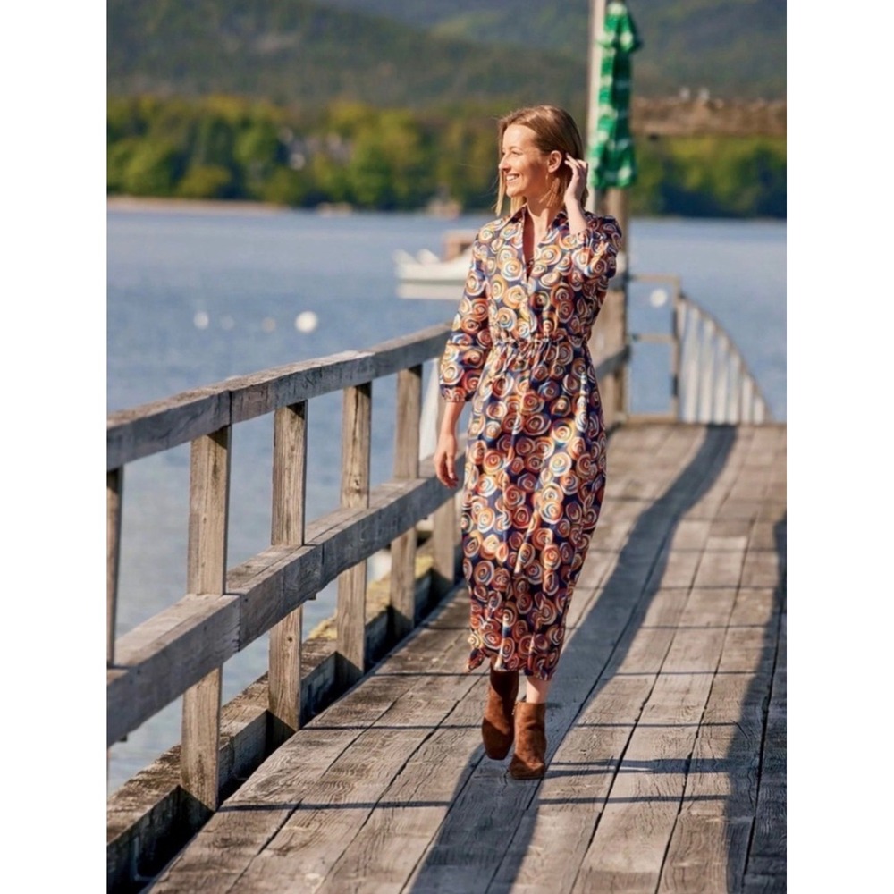 J.McLaughlin Mollie Silk Blend Midi Shirt Dress Swirl Print Blue Orange Womens M